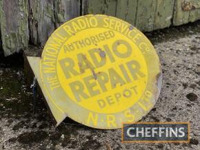 The National Radio Service Co Authorised Radio Repair Dept double sided flanged enamel sign, c18.5ins dia'