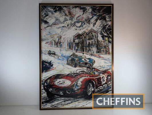 'The Race' an oil on canvas depicting Behra, Moss and Gregory at Le Mans 1959 by F.Scianna, c.40.5x28.5ins inc. frame