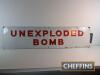 Unexploded Bomb single sided enamel warning sign by R&A Main Ltd, some restoration, 36x9ins