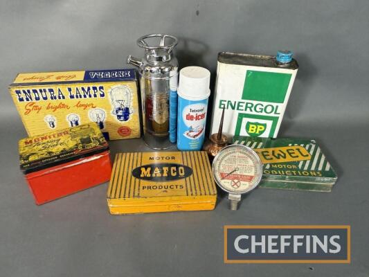 Qty automotive advertising tins to inc' Endura Lamps, Jewel, BP and RedEx compression gauge, a good autojumblers lot