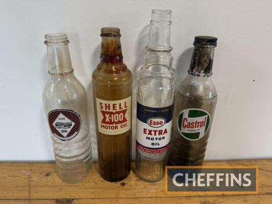 2no. Large oil bottles to inc' Shell X100, Esso t/w 2no. Rebranded oil bottles with reproduction stickers