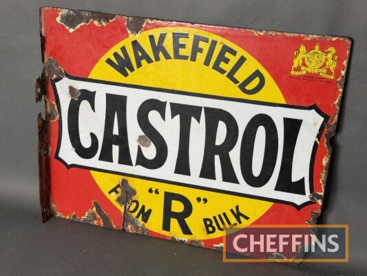 Wakefield Castrol 'R' flanged double sided enamel sign, 20.5x16ins