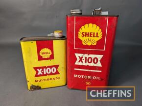 Shell X-100, 2no. oil cans