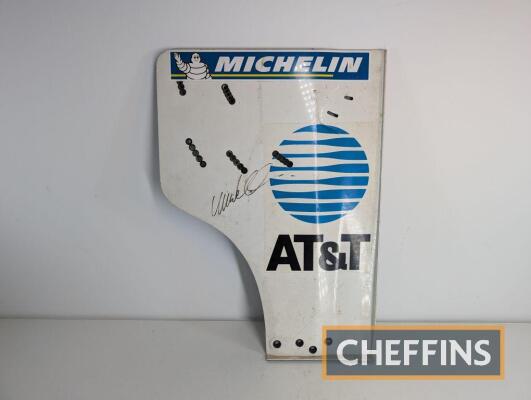 Rear wing end plate, featuring Michelin and AT&T decals, carbon fibre, possibly from F1 car, signed with 2no. signatures