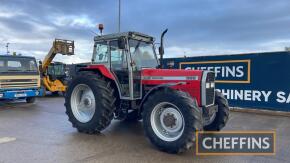 1997 Massey Ferguson 399 4wd Diesel Tractor fitted with Hi-Line cab, 18/16 transmission and Goodyear tyres Hours: approx 9795, engine rebuilt and the transmission replaced in 2020 by MF main dealer Reg. No. P605 GPF Ser. No. F11323