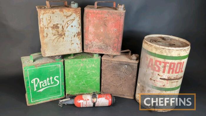 5no. 2gallon petrol cans t/w oil can and extinguisher to inc. Shell Aviation Spirit, Pratt's Esso etc. Some with caps