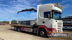 Scania R420 Rigid Wagon 6x2, manual gearbox, rear lift axle, low ride, drawbar spec, 26ton & 44ton train weight, top line cab, twin bunks, flashing beacons, work lights, cab spot lights, 24ft 6in flat with rear pull out and ramp hanger. 091 Hiab with do