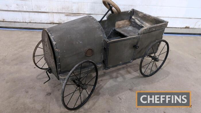 Childrens pedal car of wooden construction, reportedly pre-war era c.38ins long