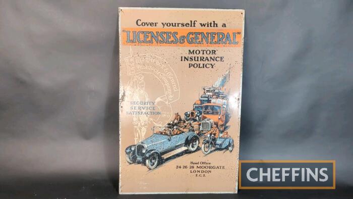 Licenses and General Motor Insurance Policy printed tin sign 29x19ins