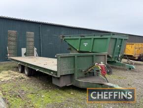 Farm made tandem axle low loader trailer with air and hydraulic brakes, strap boxes and hydraulic folding ramps on 215/75R17.5 wheels and tyres.