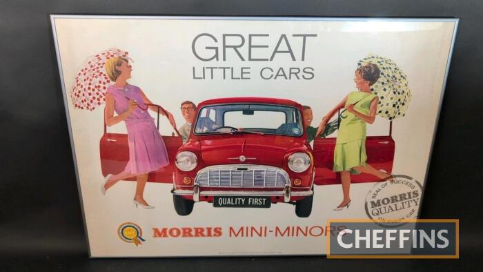 BMC Morris Mini Great Little Cars advertising poster, framed and glazed 35x25ins