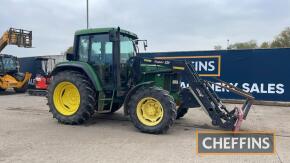 John Deere 6200 Tractor c/w loader, Power Quad, air con, pallet tines Ex Drainage Board Reg. No. R877 AAH Ser. No. LO6200V197391