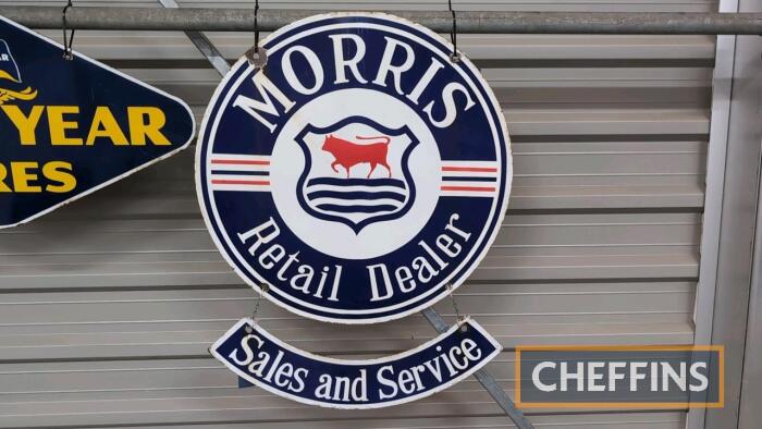 Morris Retail Dealer Sales & Service circular double sided enamel sign with uncommon hanging section c.28.5ins diameter plus hanging section