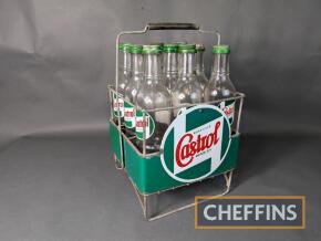 Castrol Motor Oil bottle stand with double sided enamel signs, complete with 9no. glass Castrol quart bottles with caps