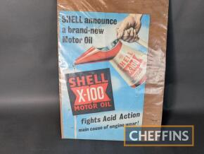 Shell X-100 Motor Oil pictorial colour poster unmounted enclosed in plastic, on hardboard