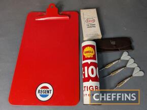 Petrol promotional items to inc. Regent clipboard, Shell X-100 kaleidoscope, and Esso set of darts, boxed with spare flights