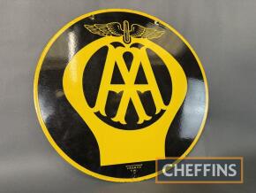 AA, a double sided circular enamel sign marked Franco SW1 depicting AA Car Grille Badge, c18ins