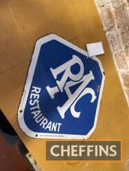 RAC Restaurant double sided enamel sign of diamond form, marked Bruton, Palmers Green and Royal Automobile Club, Pall Mall, London, c.19.5x19.5ins