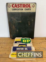 Large qty Duckhams paper floormarts t/w BP window sticker and Castrol Lubrication charts board