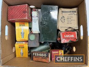 Qty mixed automobilia to inc' Esso Aviation Grease, NGK spark plugs, Motocraft spotlamps, Vauxhall footpump etc