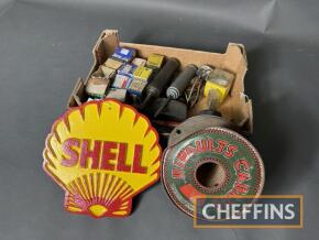 Qty misc. automobilia, bulbs, gauges, grease guns t/w cast Shell sign etc