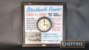 Blackheath Coaches clock (5.5ins face) mounted in frame, c.22x22ins