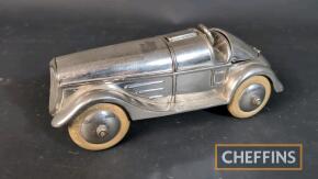 Nickel plated desktop smoker's compendium in the style of a pre-war racing car with lighter