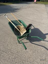 Wheel barrow t/w large sweeping brush and plastic shovel