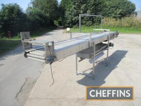 Herbert 6.2m x 600mm stainless steel roller inspection table with 2.8m x 450mm mild steel under conveyor, 3phs. No motor on inspection table