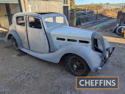 1938 TRIUMPH 14/60 Dolomite saloon 1767cc 4cylinder CAR Reg. No. FKE 895 Chassis No. 20/6/1995 An unfinished restoration project of a very uncommon pre-war Triumph. 4door saloon body with engine and gearbox in situ. Interior removed and not found. 'Wat