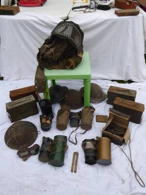 Militaria; to include infants gask mask system, gas masks (6), tin helmets (4), ammunition boxes (4), anti-gas ointment etc etc