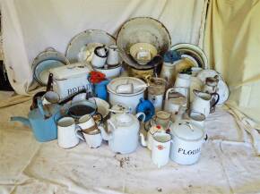 Large qty assorted enamelware to inc' bread bin, flour bin etc