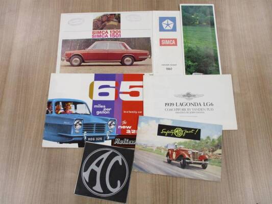 Simca, Reliant, AC, MG, 6 car brochures t/w a fold out poster of a Lagonda