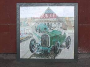 Framed and glazed print of pre-war racing cars