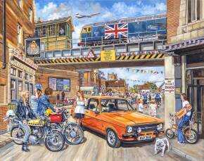 Original framed oil painting on canvas by Steven Binks, commissioned by Jumbo Games - Falcon de Luxe Jigsaws, painted between 2016/2017. Titled 'Spirit of the Seventies', launched in April 2018 to compliment an earlier commissioned oil painting by Jumbo 