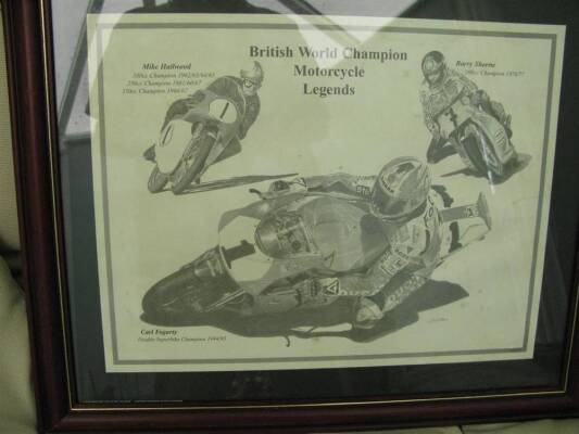 Framed picture of British world champions to inc' Barry Sheen, Carl Fogerty, Mike Hailwood, signed by artist