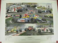 1992 F1 print by Andrew Kitson depicting Nigel Mansell's Year in Red 5 t/w MV Agusta print World Championship 1952/76 depicting Agostini, Hailwood, Surtees and Read signed Jim Blanchard, No. 94