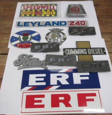 Selection of vehicle badges and signs, Leyland, ERF, Foden, Cummins, Albion, AA etc ex Jack Richards