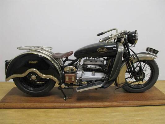 1/3.5 scale 1931 797cc Brough Superior BS4 prototype Motorcycle. Another spectacular model, the Austin engined, twin rear wheel machine produced by Brough as a sidecar tug is beautifully represented by Ian and was the star of the 2014 Midlands Model Engin