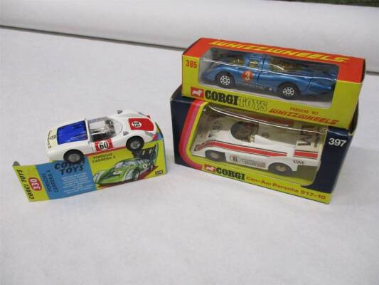 Corgi Toys (3) boxed and unmarked: 330 Porsche Carrer 6 (red and white) 385 Porsche 917 (whizz wheels in blue) 397 can-am Porsche 917-10