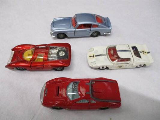 Dinky Toys unboxed but fine; 216 Dino Ferrari, 220 Ferrari P5, Ford GT, Aston Martin DB6 (headlights absent) (4)