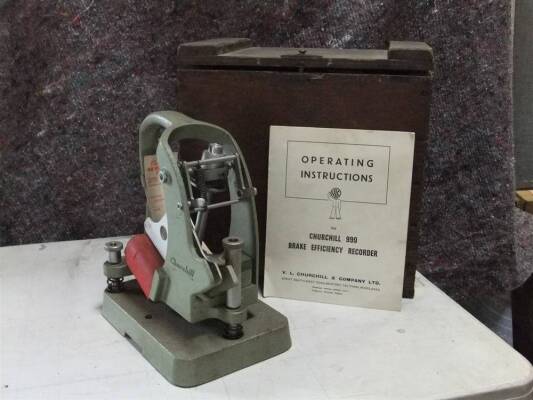 Churchill brake efficiency tester in original box c/w operating instructions and test cards
