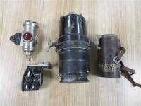 Chemico Carbide Carrier, a leather case t/w 2 motorcycle rear lamps and a carbide canister