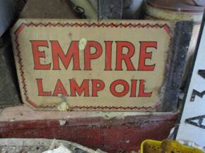Empire Lamp Oil, a double sided enamel sign, the flange straightened