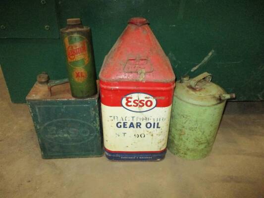 Esso 2gallon oil can, Castrol XL oil can, Pyramid top Esso oil drum and fuel pouring can (4)