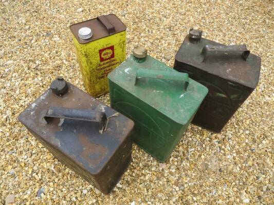 2no. vintage Pratts 2gallon petrol cans with correct Pratts brass caps, an Esso petrol can with cap and a Shell tin