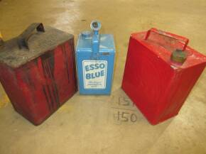 Two 2 gallon fuel cans t/w Esso Blue can (3) ex Jack Richards