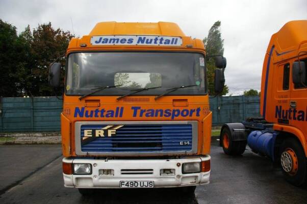 ERF E14 (40C2TR) 4x2 tractor unitReg. No. F490 UJSSerial No. 62347Fitted with a Cummins engine, sleeper cab, Eaton twin splitter gearbox, 38tonne gross weight, showing 333,097kms and been used a shunter vehicle