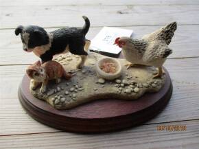 Border Fine Arts model of Hen seeing off a Collie and kitten