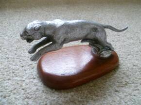 Jaguar SS/Airline bonnet mascot, the leaping cat on a wooden plinth